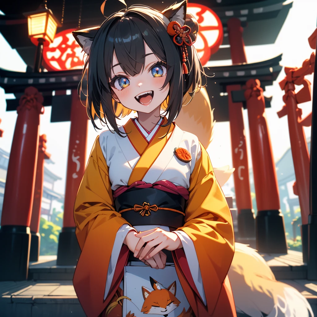 (8k, RAW Photo, Top Quality, Refined Details, Masterpiece: 1.2), (High Resolution 8k Wallpaper), Sharp Focus, Professional Lighting, Depth of Field, Cinematic Lighting, Background Blur, (1Girl:1.5),(A humanoid fox girl),(short hair featuring a yellow and orange gradient), Nine-tailed fox stuffed animalShe is wearing a short orange and white gradation dress that is a modern remake of a traditional kimono. She is looking straight into the camera with a bright smile.The background is Inari Shrine in Japan,