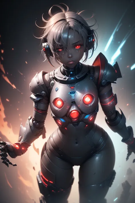 1girl, Female robot, superheroine, (((damaged android girl))), (((rusted))), burned, (((battle damage))), ((((mising left arm)))), (((exposed endoskeleton)), teenager, (((black with red accents extremely damage robotic cyber armor))), (blue ripped cape), (red shinning core in the chest), (black mechanic gloves), (Black armored boots), (((dark skin))), (shinning red eyes), ((((missing right eye)))), ((messy and dirty gray short shoulder length hair)), wide hips, thick thighs, narrow waist, ((floating)), ((futuristic outer space background))