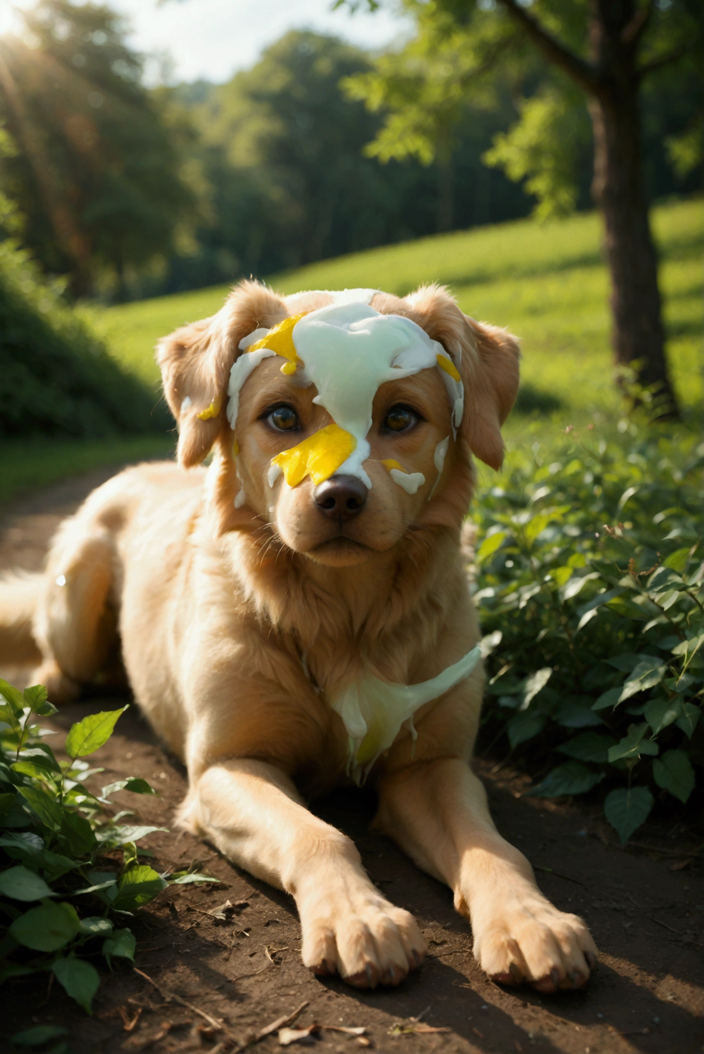 Fluffy golden retriever puppy, natural expression, white fur with slightly darker ears, lying down, relaxed pose, looking ahead with an inquisitive gaze, smooth and clean fur, outdoor setting, green foliage background, natural lighting, soft shadows, warm and serene atmosphere, front view, shallow depth of field, sharp focus on the puppy, blurred background.