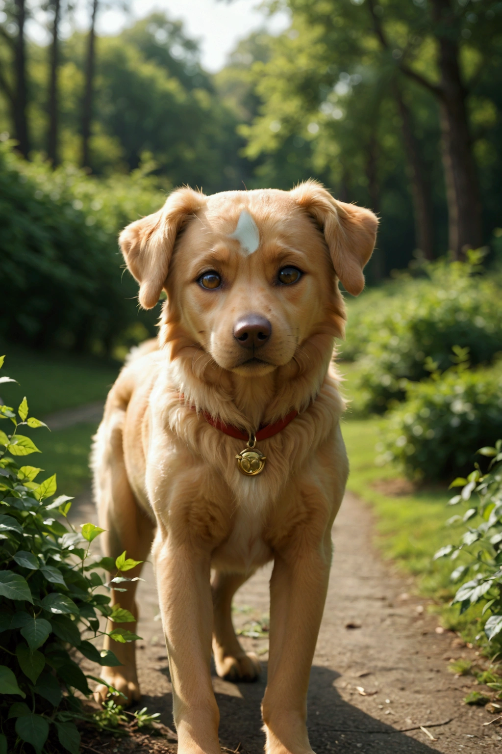 Fluffy golden retriever puppy, natural expression, white fur with slightly darker ears, lying down, relaxed pose, looking ahead with an inquisitive gaze, smooth and clean fur, outdoor setting, green foliage background, natural lighting, soft shadows, warm and serene atmosphere, front view, shallow depth of field, sharp focus on the puppy, blurred background.