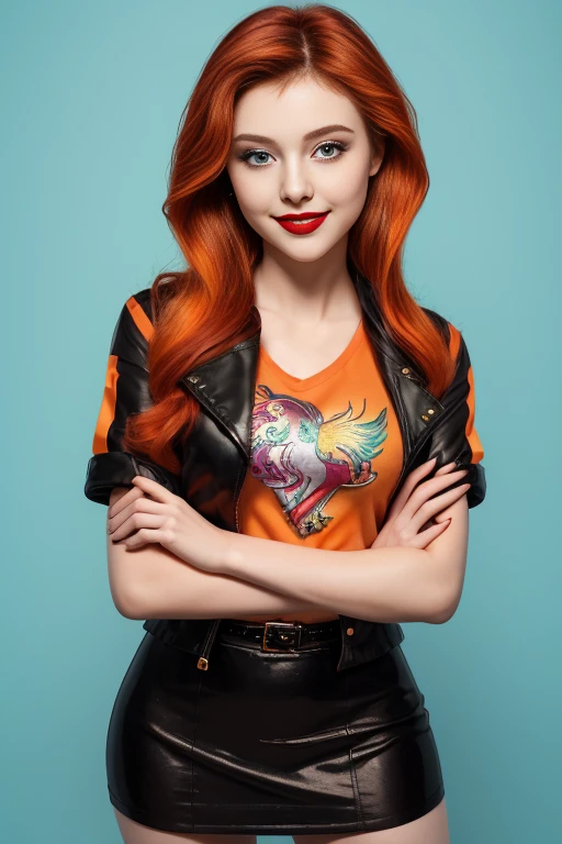 (masterpiece, The best quality:1.2), only, 1girl, mlpshimmer, Nice smile , make-up , Red lips , looking at the viewer, Crossed arms, small black jacket , Orange T-shirt , purple skirt , sunset shimmer , 21 years , beautiful teenage girl , Teenage model , turquoise eyes , Varied background, Full body photo 