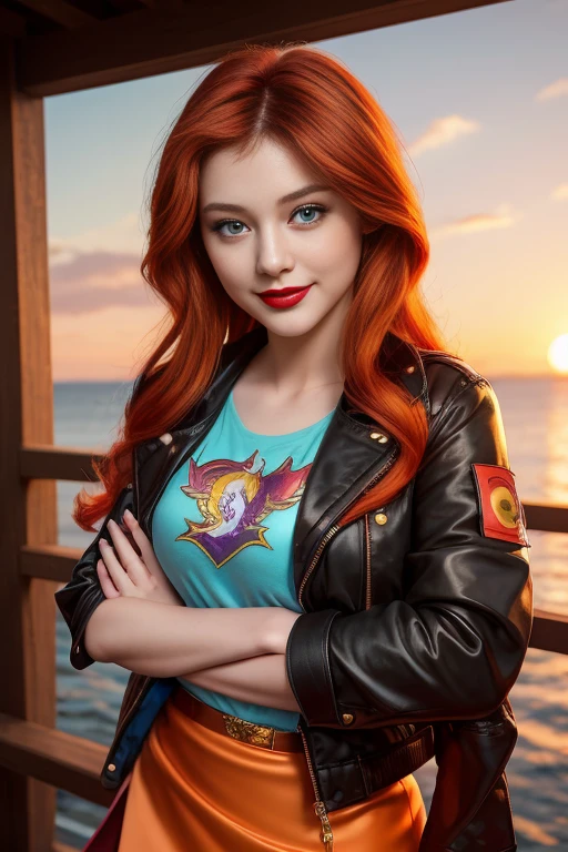 (masterpiece, The best quality:1.2), only, 1girl, mlpshimmer, Nice smile , make-up , Red lips , looking at the viewer, Crossed arms, small black jacket , Orange T-shirt , purple skirt , sunset shimmer , 21 years , beautiful teenage girl , Teenage model , turquoise eyes , Varied background, Full body photo 