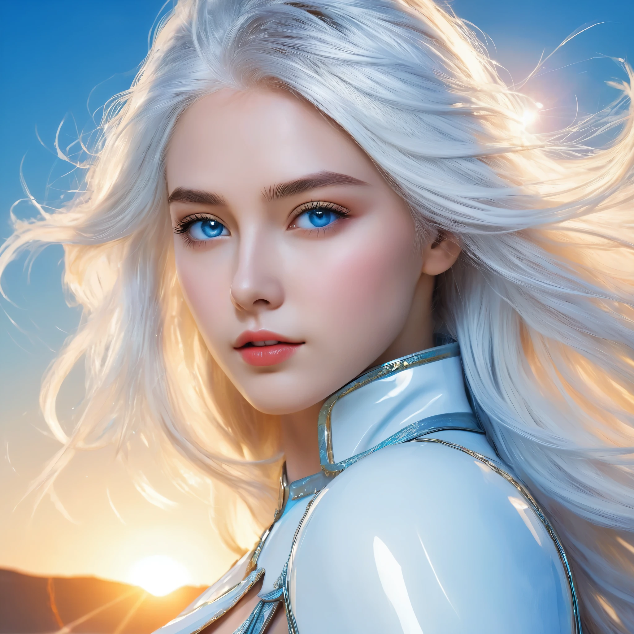 ((RAW photo), absurd, (absurdresolution)), masterpiece, best quality, (Extremely detailed CG unity 8k wallpaper), (best illustration), (best shadow), beautiful detailed glow, 2, ((The face of the most beautiful young girl)), the most beautiful face, gorgeous, very pretty young girl, ((Bright sky blue eyes, seductive look, ultra-detailed sharp pupil, realistic)), (clean, perfect skin), (metallic shine white hair, loose sideburns, luminous tips), (background: luminous orbs), cinematic lighting, Photographic Perspective. «SunPuma S»