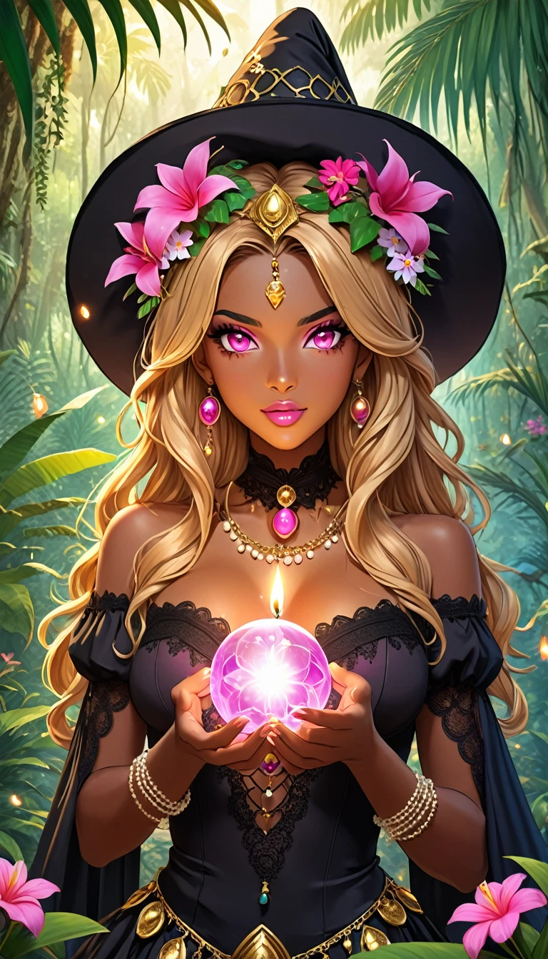 An anime manga tropical magical witch girl, Latina brown dark tanned skin, long GOLDEN BLONDE, DARK-BLONDE wavy hair, stunning PINK eyes, black lace witch outfit, voodoo, fortune teller, pearls and jewels and flowers in hair, beautiful fantasy jungle, South American fantasy. In this scene, the pretty witch is conducting a spell in the jungle