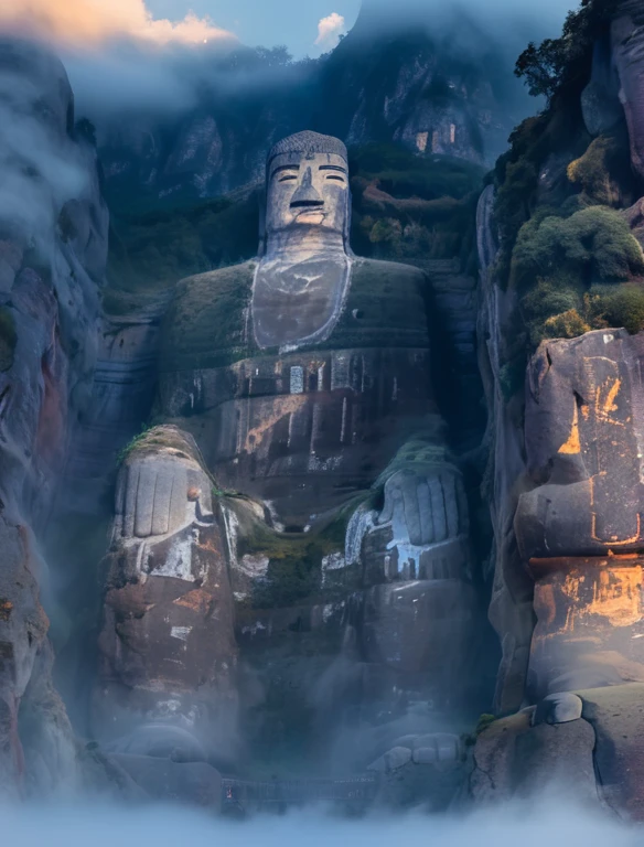 Majestic ancient rock statues carved into a towering mountain peak, Surrounded by fog and shadows, The two sides are surrounded by rugged cliffs. The setting sun casts a warm glow on the mountains in the background, Create a peaceful and mysterious atmosphere.