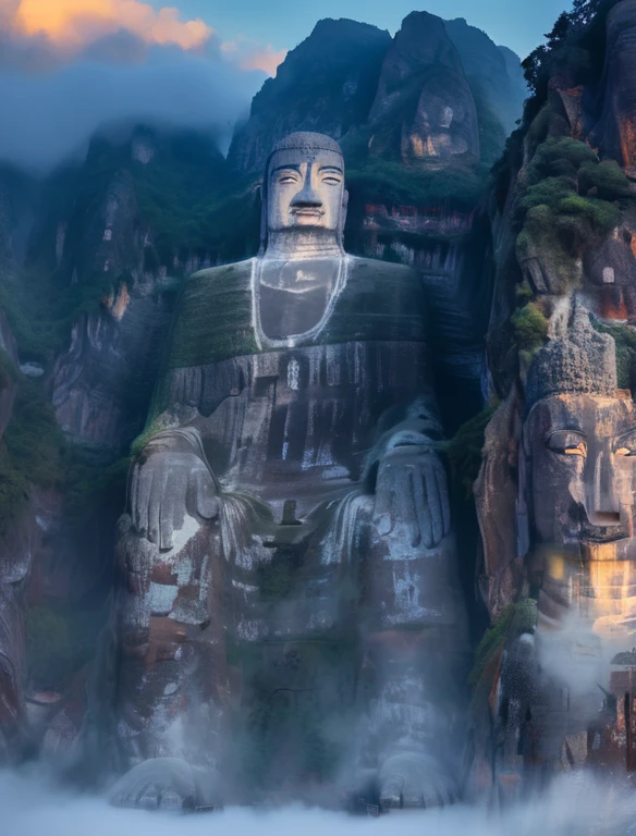 Majestic ancient rock statues carved into a towering mountain peak, Surrounded by fog and shadows, The two sides are surrounded by rugged cliffs. The setting sun casts a warm glow on the mountains in the background, Create a peaceful and mysterious atmosphere.