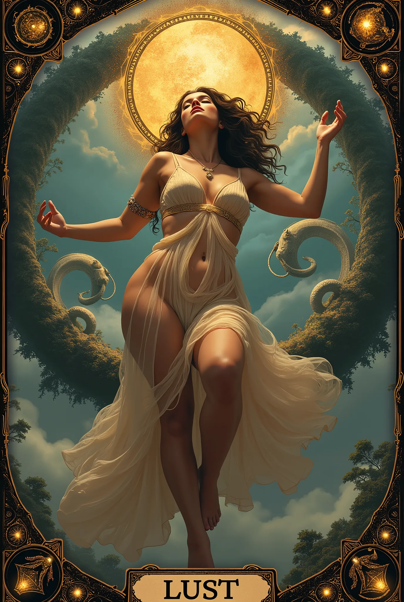 a card, intricate detailed tarot card illustration, tarot card, tarot card "Lust", card header text "SEX", card footer text "Love", text font style medieval, voluptuous goddess, thin dress, floating in the sky, ((infinity symbol background)), infinity symbol, ouroboros symbol, cinematic lighting, dramatic shadows, vivid colors, rich color palette, surreal tarot card, mystical landscape, shimmering details, ornate patterns, (huge saggy breasts:1.2) ,(large round erect nipples:1.2), thin waist, thick thighs, (wide hips:1.2), (huge ass:1.2), beauty,  (pubic hair:1.0), hairy pussy, nsfw, lewd, raunchy, lewd pose, legs spread, orgasm, bliss, nude, out of focus background, (ahegao:1.2), (sweating profusely:1.2)