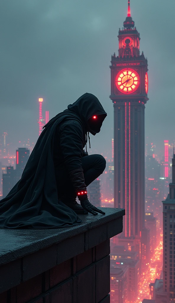 a closeup of fantastical image of an assassin, darkness of night fall, clad in flowing, flowing scarf, sword carried behind the body, squatting on top of the building at the end of the clock tower like an assassin, sitting squatting pose, hands touch the ground, squatting all four, action pose, clock tower, glowing red eyes, cyberpunk city, neon city, glowing, shiny, scifi, neon lights, intricate artistic color, cinematic light, radiant, vibrant, perfect symmetry, Grayscale, Dramatic spotlight, highly color focused, dynamic motion, very dark,