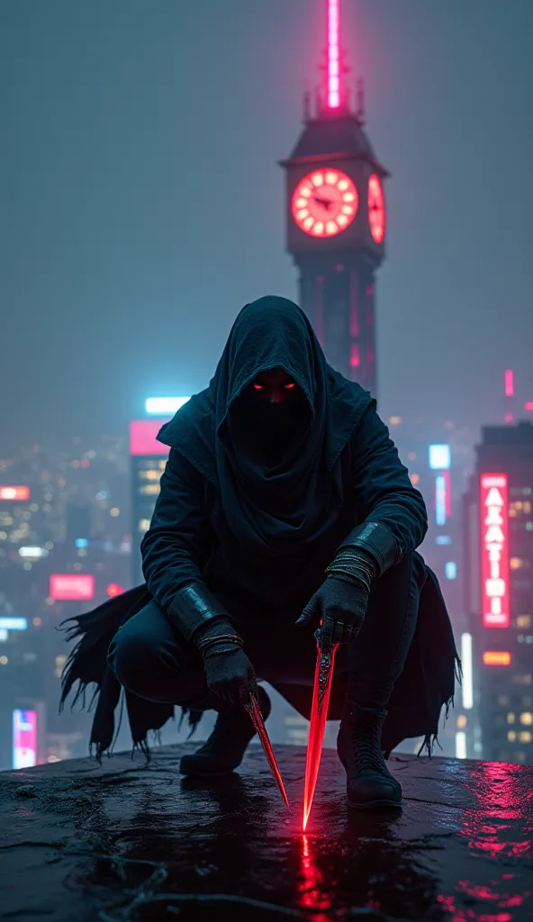 a closeup of fantastical image of an assassin, darkness of night fall, clad in flowing, flowing scarf, sword carried behind the body, squatting on top of the building at the end of the clock tower like an assassin, sitting squatting pose, hands touch the ground, squatting all four, action pose, glowing red eyes, one hand holding an intricate knife, clock tower, cyberpunk city, neon city, glowing, shiny, scifi, neon lights, intricate artistic color, cinematic light, radiant, vibrant, perfect symmetry, Grayscale, Dramatic spotlight, highly color focused, dynamic motion, very dark,