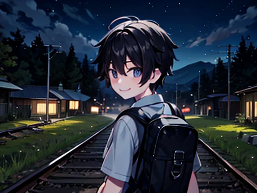 1 boy, Night view, side of railroad crossing, Black short hair, He is wearing a grey shirt, He have a Rucksack, He smiles gently