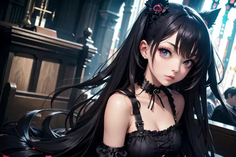 gothic lolita fashion, a beautiful girl with long hair, cute, face forward, cyberpunk, choker, one-piece dress, arm covers,  ull...