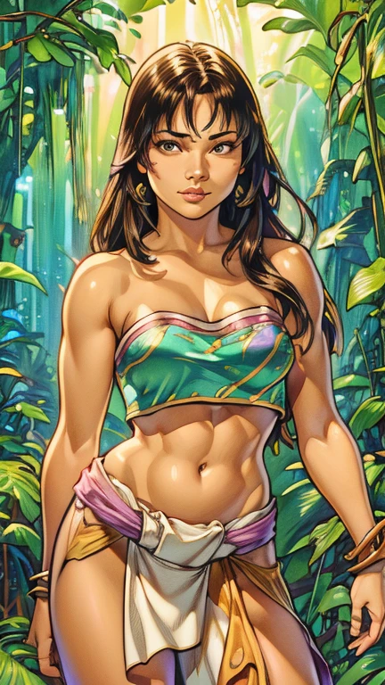 (1girl, chel_eldorado), (extremely detailed CG unit 8k wallpaper),(master part), (best quality), (ultra detail), (best illustration),(Tsukasa hojo Style), cowboy shot, (Sharp eyeliner, ombre, detailed eyes:1), vines, jungle ArsMJStyle, Art Nouveau, break , upper body, (tube top,midriff, loincloth:1.2)