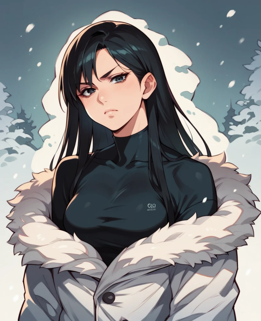 a woman with long hair, Bblack hair, with a pale face like snow , with a serious expression , Style Manga