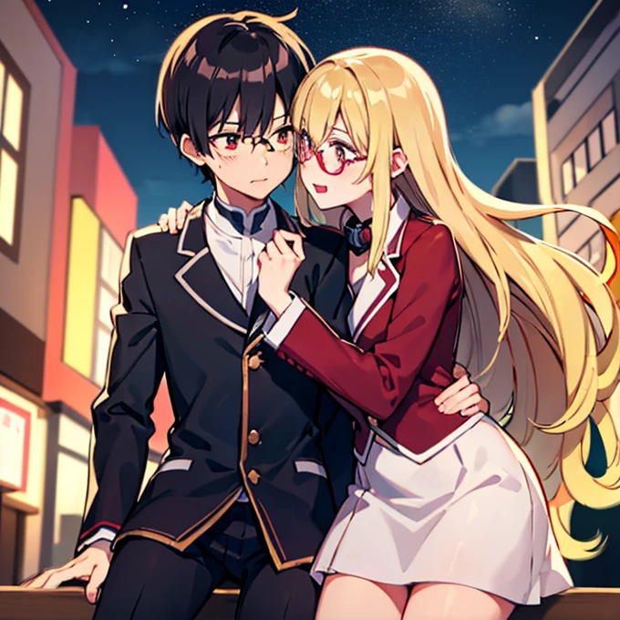 1 boy with black hair, Red jacket and glasses romantically kissing a girl with blonde hair and red eyes. With a white miniskirt, city at night in the background., True love, blushing cheeks, high quality 