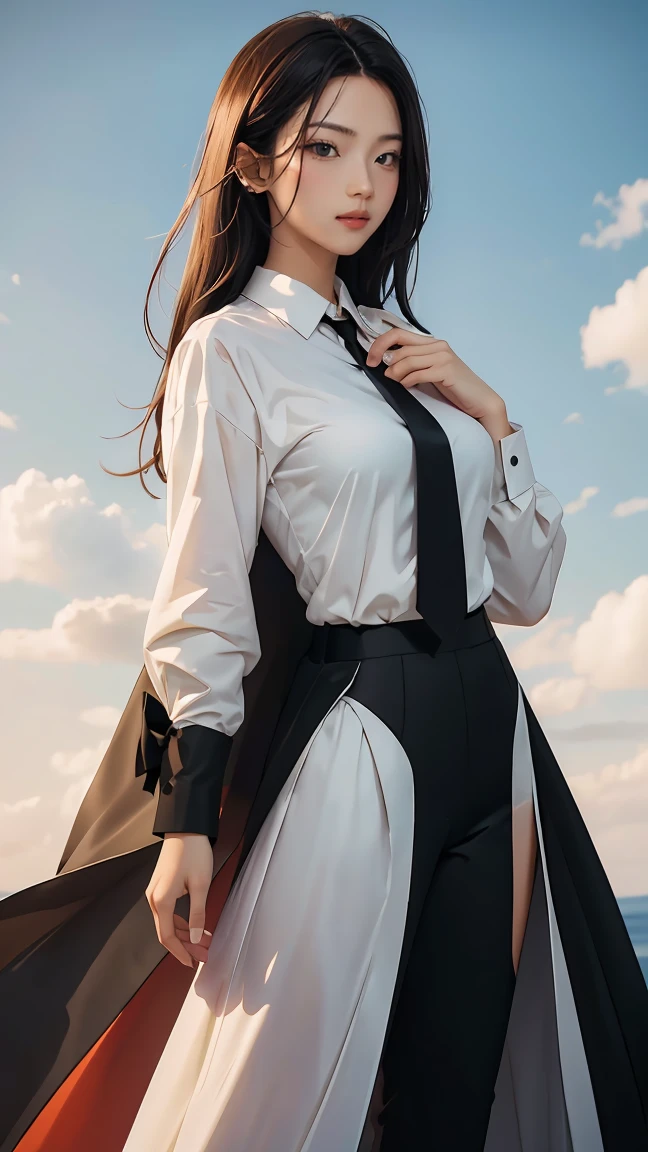 ((Masterpiece, best quality, very detailed), Volumetric light, surrounding occlusion, Rich and colorful, glow), 1 woman, , young girl, (Smooth black), long hair, radius, sacred, goddess, CEO Luke, (black suit, White shirt and red tie:1.3), long black coat, ((a green wind orb on hand)), outdoor, sunset, sky, cloud, (Fantasy Theme:1.2), (full body:0.8)