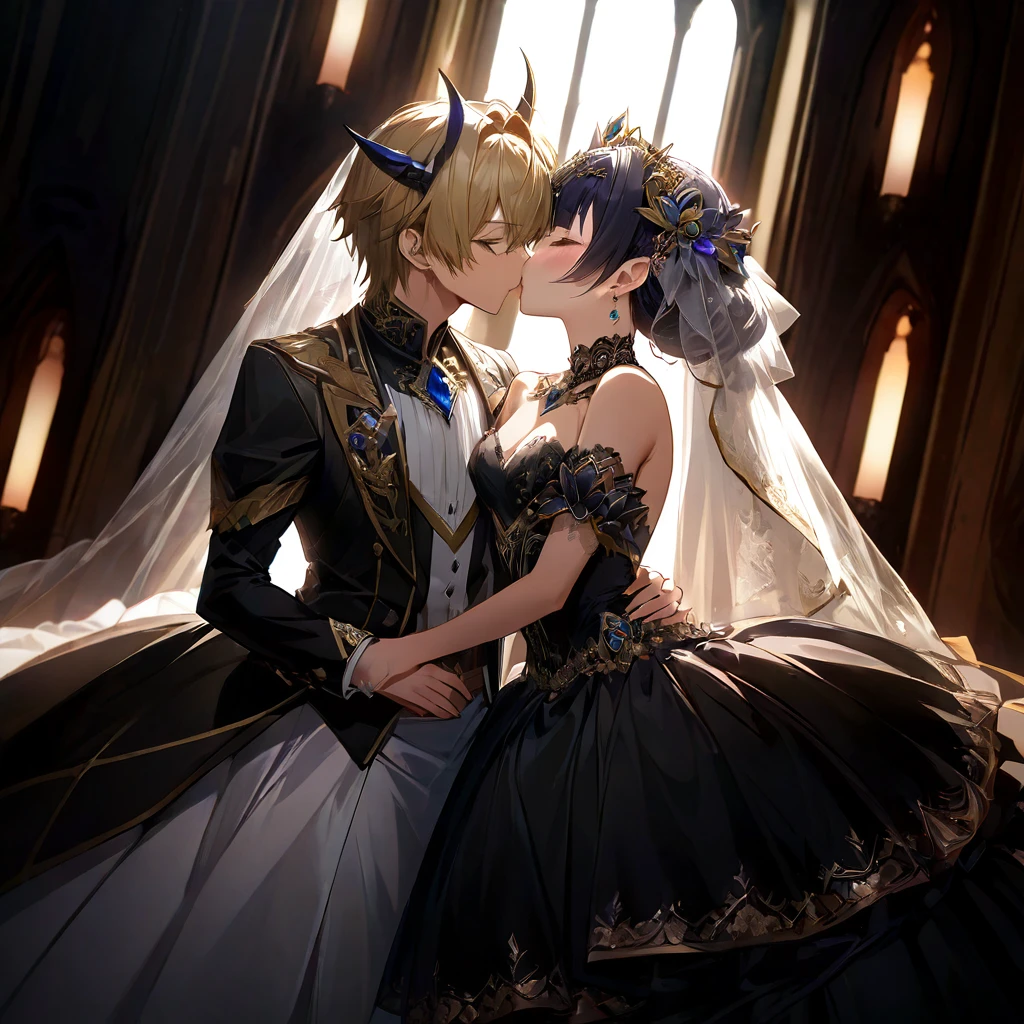 ((Highest quality)), ((masterpiece)), (detailed), （Perfect Face）、The woman is Extia Spica、The woman is wearing a gorgeous black wedding dress with gold embroidery and trim, and a black wedding veil, and is embracing and kissing the great demon king to celebrate their wedding.