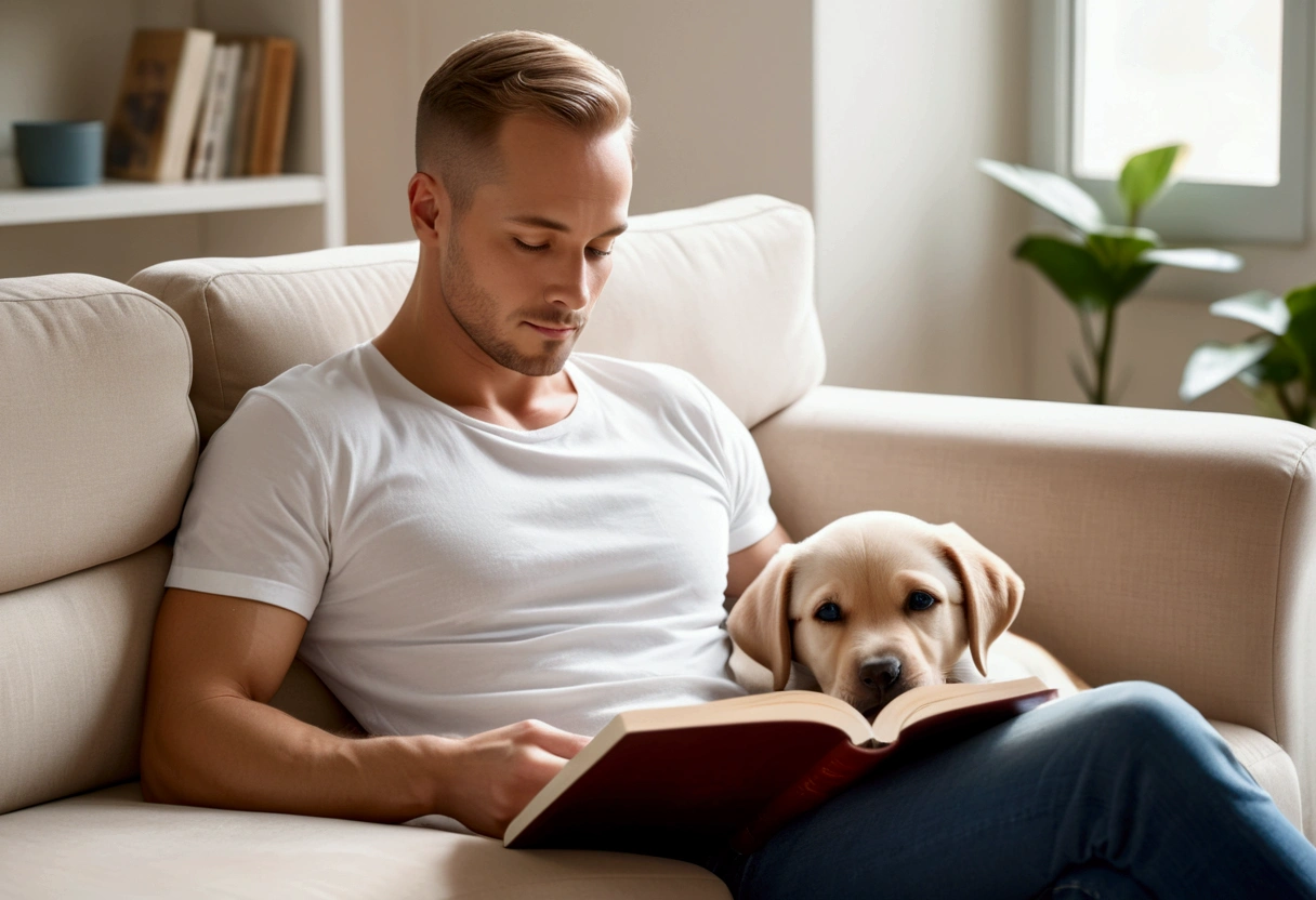 a handsome man, lack hair, blue eyes ,relaxed pose, lying on a beige couch, wearing a white t-shirt and blue jeans, reading a book, little puppy labrador resting on the chest, looking down at the book, cozy indoor environment, soft natural lighting, calm and cheerful atmosphere, medium shot, sharp focus on subjects, clear foreground and background, well-balanced exposure.