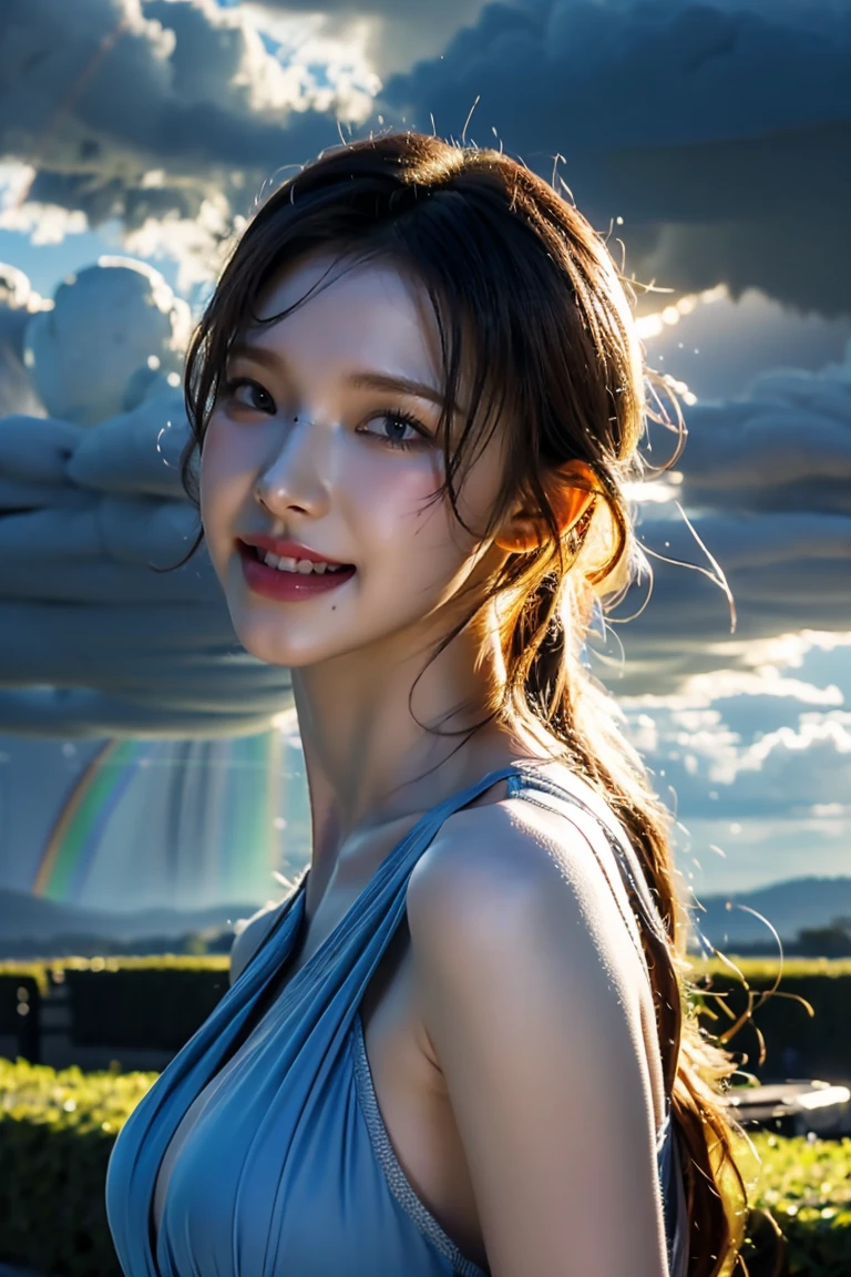 
((Masterpiece:1.4, Highest quality)), (Realistic photos:1.4), 
((1 person)), (Otherworldly beauty), (dream-like),
(超High resolution:1.2), Very delicate and beautiful, wonderful, Very detailed CG Unity 8k wallpaper, Very detailed, High resolution, 
Soft Light, Beautiful details, Very detailed目と顔, Beautiful and detailed nose, Beautiful and detailed, 
(In the form of an ancient Greek maiden:1.3),  
Cinema Lighting, Perfect Anatomy, Slender body,,
(In a Scottish castle garden:1.3), (after the storm、The sun is shining through the dark clouds:1.3), (rainbow:1.3), (Outdoor), 
Cowboy Shot, Looking at the audience, Old-fashioned smile