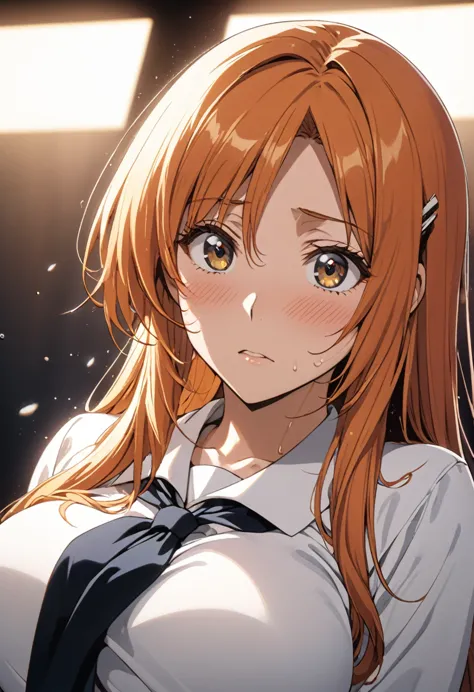 masterpiece, highest quality, high resolution, (orihime inoue),(bleach),1990s \(style\),f cup breasts、height: 160cm,sweating all...