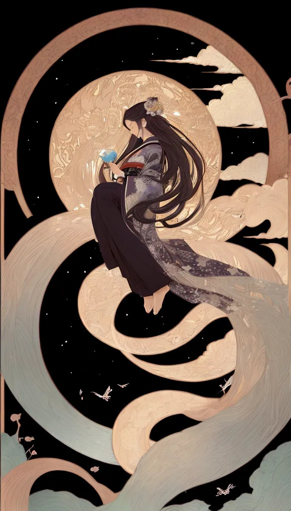 art nouveau style, handsome guy 15-20 years old, long hair, hair fluttering and intertwined with clouds, kimono, kimono flutteri...