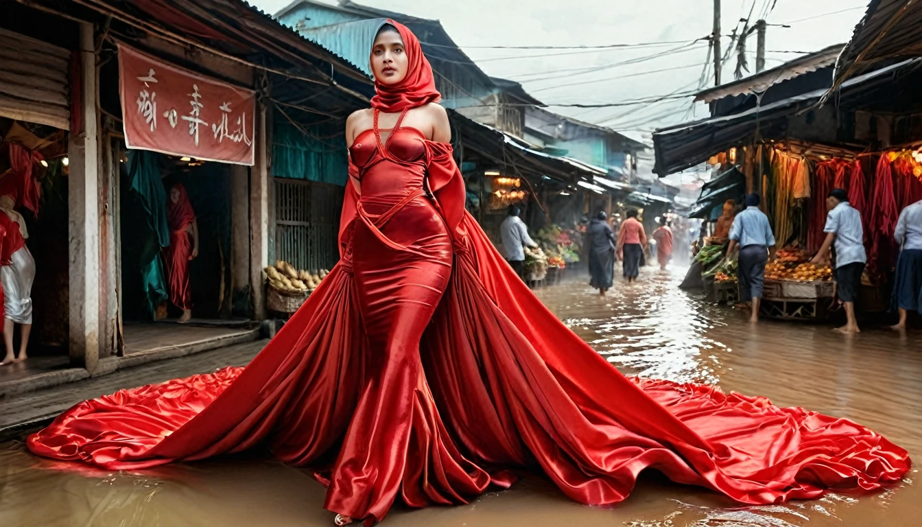 A woman shrouded in a 10-meter-long, plush red satin cloth, tight clothing from the waist to the thighs and flaring on bottom, tightly bound and grandly draping along the form of her body, flowing off into a pooled floor-length train, styled in a mermaid-inspired outfit, her head modestly veiled in a satin hijab, tall woman, walking in wet market, a full-body pose posing in front of people, captured in a 4k resolution, ultra-realistic