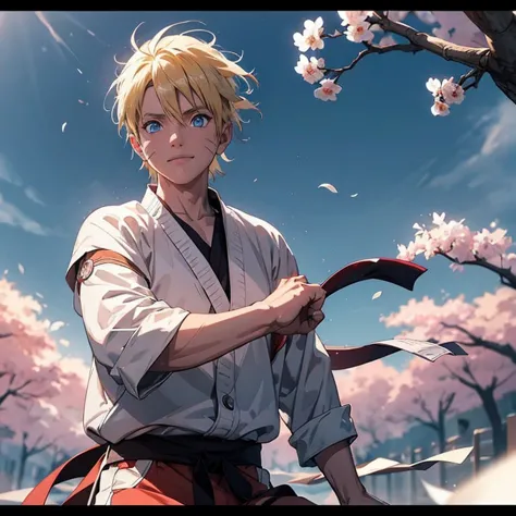 naruto: namikaze uzumaki, ((cabello rubio y blue eyes)). dressed in white karate uniform., white pants, black belt around the wa...