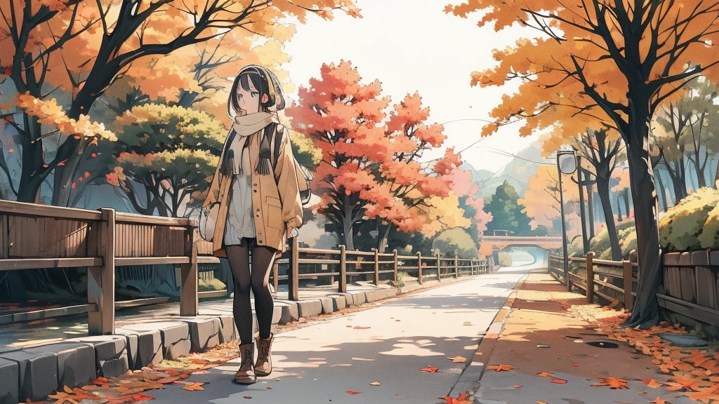 Create a scene of a young woman wearing headphones walking in a park with a lake and beautiful autumn leaves.。The woman is wearing a dress, cardigan and scarf.、She wears black tights and brown boots。