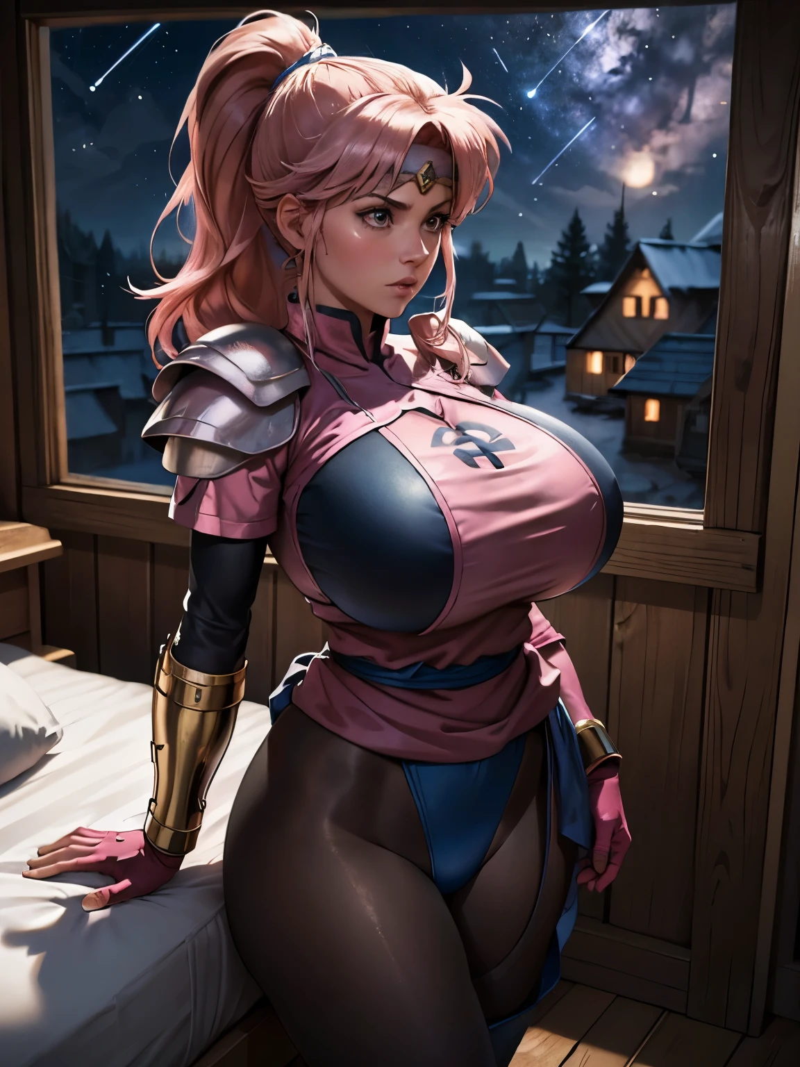 (masterpiece, highest quality:1.2, 8k, Ultra-high resolution), Professional Lighting, cinematic Lighting, realistic photograph, 1 girl, solo, alone, realistic & detailed portrait of Maam, from DragonQuest, (pink hair, long hair, ponytail, parted bangs), (ultra slim waist, perfect slim model body), (circlet, headband, armor, blue leotard, fingerless gloves, sash, asymmetrical clothes, pantyhose, asymmetrical legwear, armored boots, pink footwear), ((ultra huge breasts, ultra huge cleavages, ultra huge tits, ultra huge boob)), detailed face, detailed eyes, fine eyes, perfect eyes, ultra realistic & ultra detailed skin texture, ((medieval atmosphere, medieval motel, wooden motel, bed room, shooting stars view via window, night, dark atmosphere)), standing, directly front view, looking at viewer, 