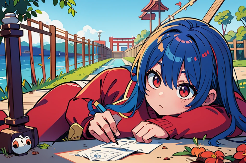 Blue Period、Large leaf、fence、blue sky、art、art, (red hair), (eyes red and gold), 1 girl 