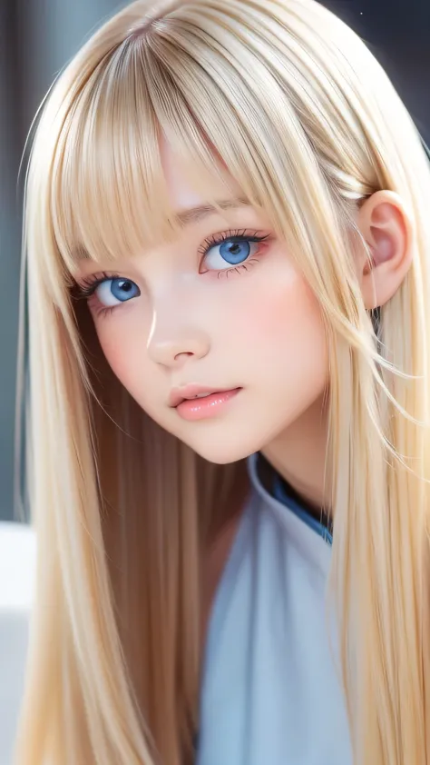 a beautiful girl、very super long beautiful shiny silky super long straight natural platinum blonde hair、beautiful bangs、glossy s...