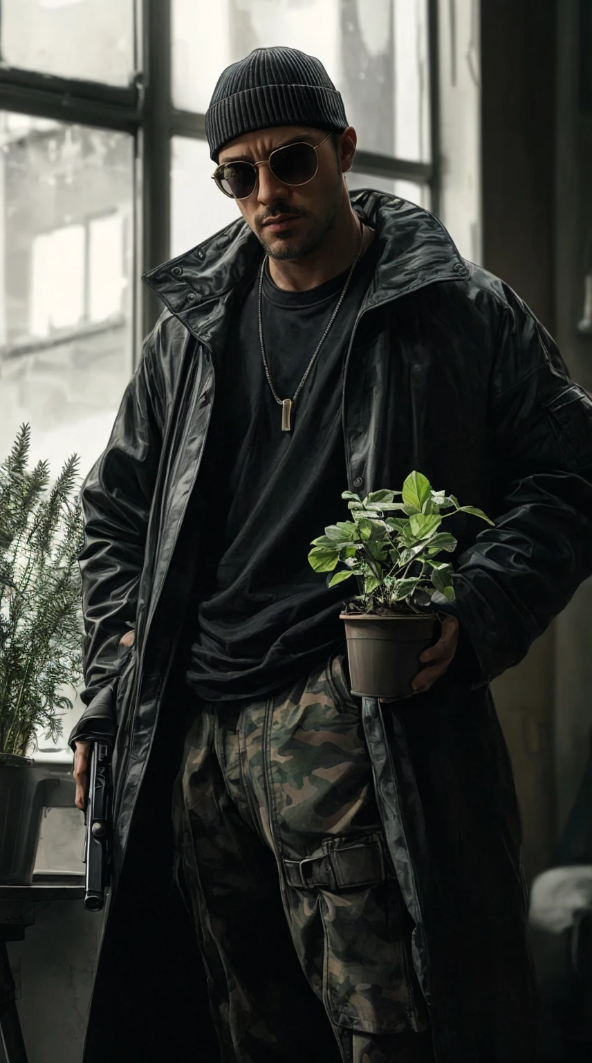 (best quality, photorealistic, ultra-detailed), leon the assassin, a frenchman in his 40s, trench coat, round sunglasses, black beanie, black t-shirt, camo pants, right hand holding a small pot of plant, left hand holding a gun with a silencer attached, apartment interior, standing pose, photorealistic comic illustration