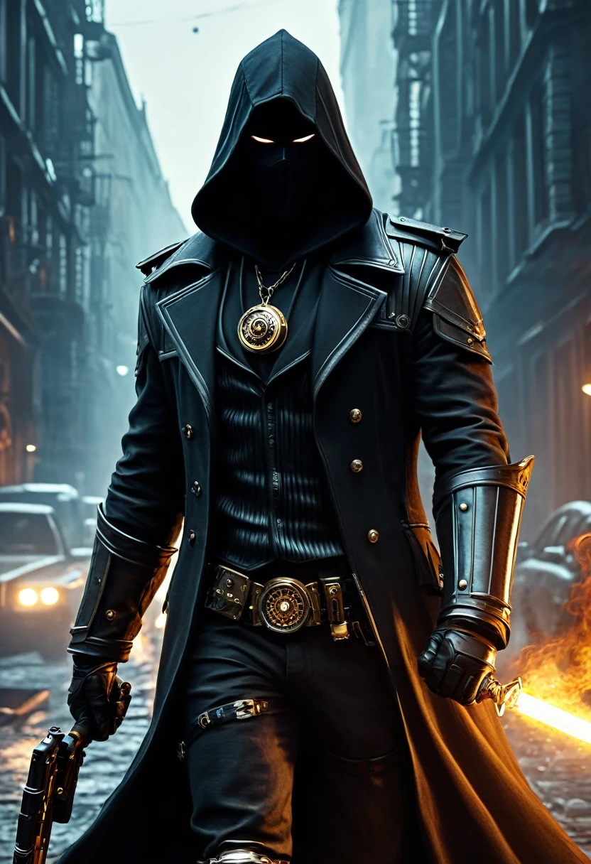 (Ghost of the Black Hood:1.5), (extremely detailed CG unity 16k wallpaper:1.1), (Denoising Strength: 1.45), (masterpiece:1.37), (Full body posture:1.4:), full length; from head to foot; Front view; Glowing eyes; Steampunk; Clocks;  Devil&#39;s Breath; Steampunk; full length; from head to foot; Front view; Female ninja holding a samurai sword, , Cyberpunk Illustration, symmetry, detailed,