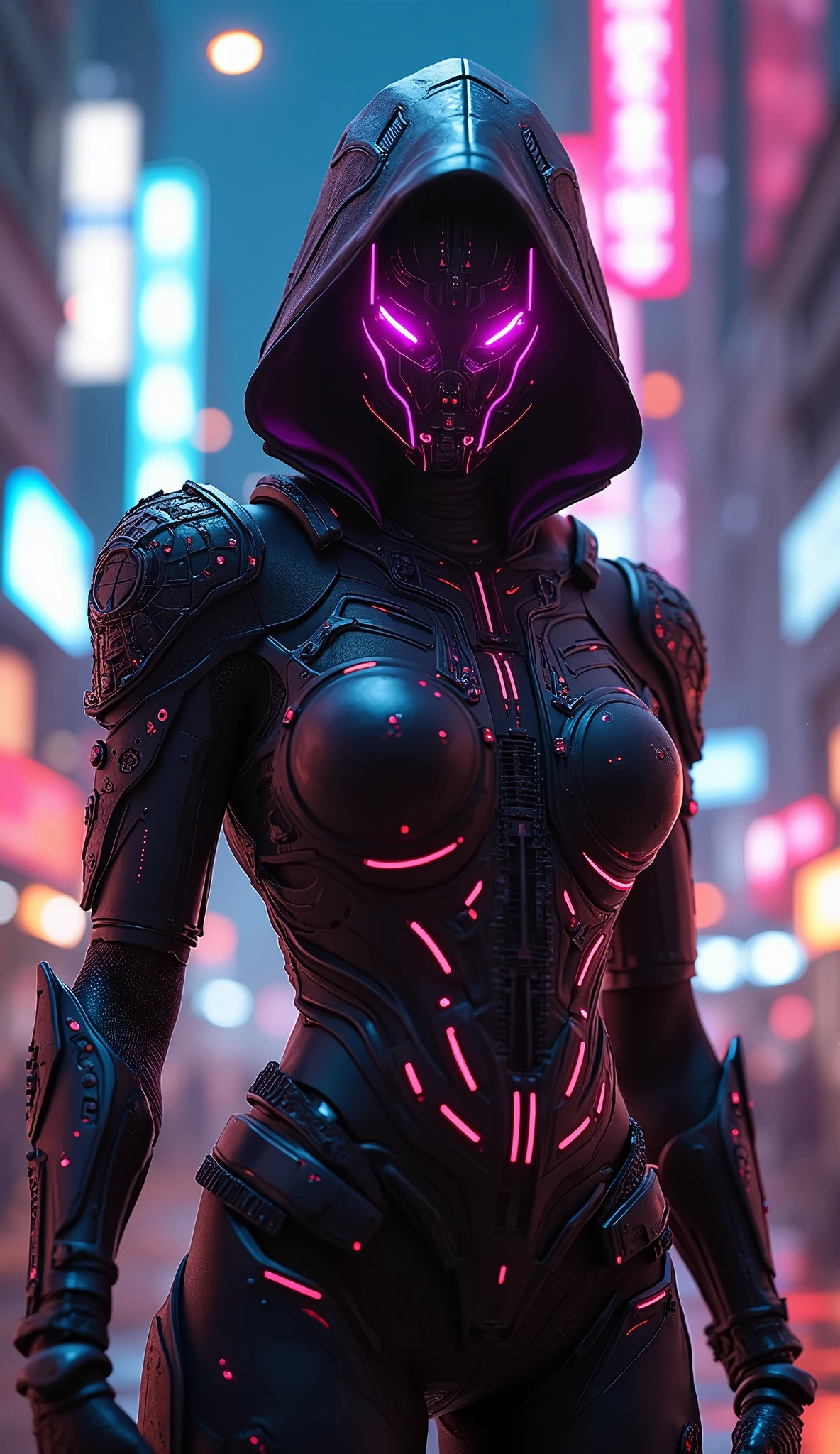 A hyper-realistic digital art of a cyber assassin, clad in sleek, futuristic armor with intricate glowing circuits. The assassin's face is partially concealed by a high-tech visor that reflects a neon-lit cityscape. The scene is intense and action-packed, with vibrant, bold colors like electric blues, neon pinks, and fiery oranges illuminating the dark background. The atmosphere is charged with energy, as the assassin prepares to strike, surrounded by holographic displays and sharp, cutting-edge weaponry. The overall vibe is aggressive and high-octane, capturing the violent and chaotic nature of a dystopian cyberpunk world,