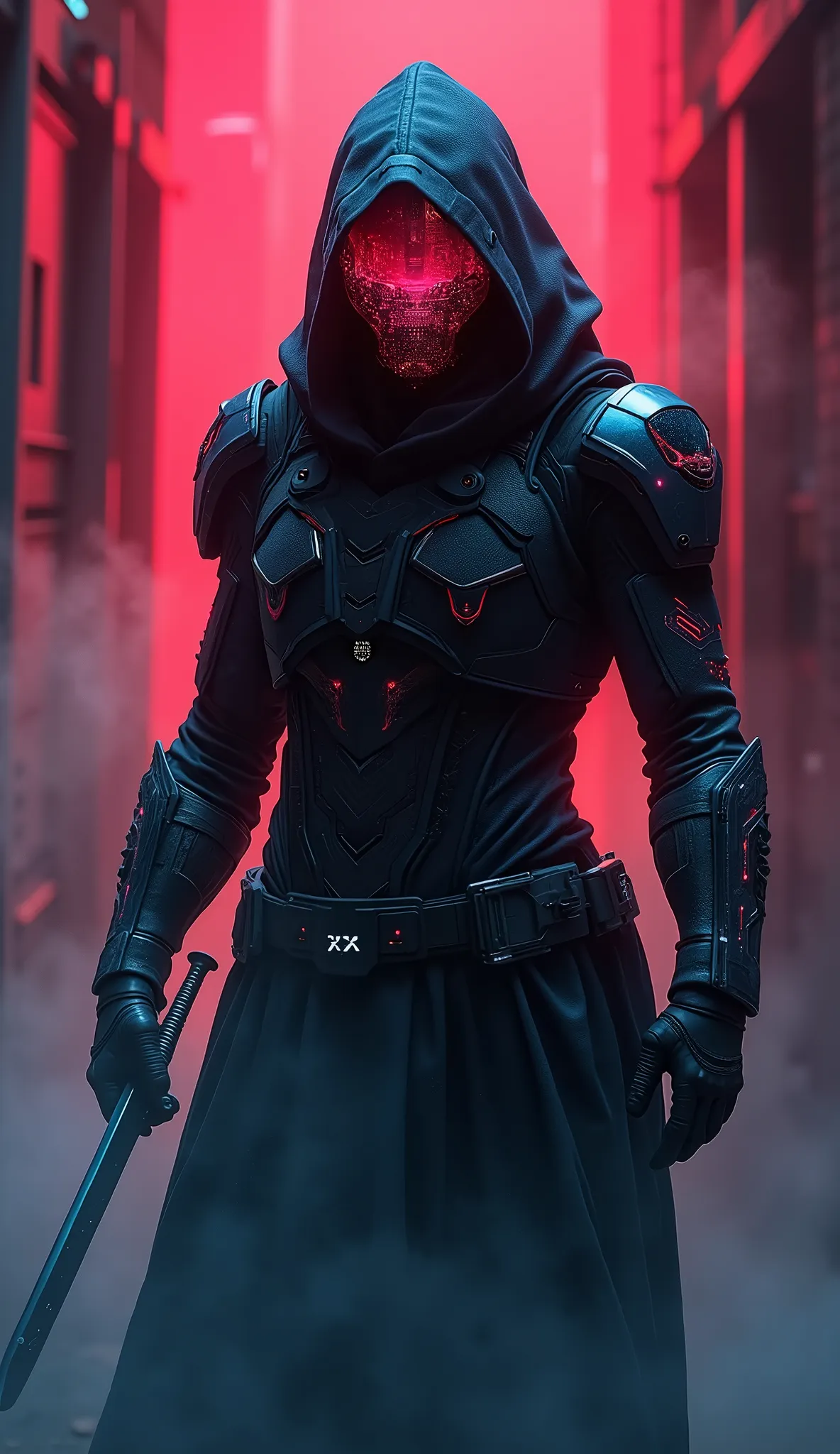 A hyper-realistic digital art of a cyber assassin, clad in sleek, futuristic armor with intricate glowing circuits. The assassin, holding a sharp dagger, is hidden in the shadows of a dimly lit, secretive alleyway, Thick fog and swirling smoke envelop the assassin, obscuring their form, while a striking red backlight casts an ominous glow, creating a dramatic silhouette, The assassin’s face is partially concealed by a high-tech visor reflecting a neon-lit cityscape, The scene is intense and mysterious, with vibrant neon colors like electric blues, neon pinks, and fiery oranges cutting through the darkness, The atmosphere is a blend of tension and stealth, capturing the eerie, dangerous energy of a dystopian cyberpunk world,