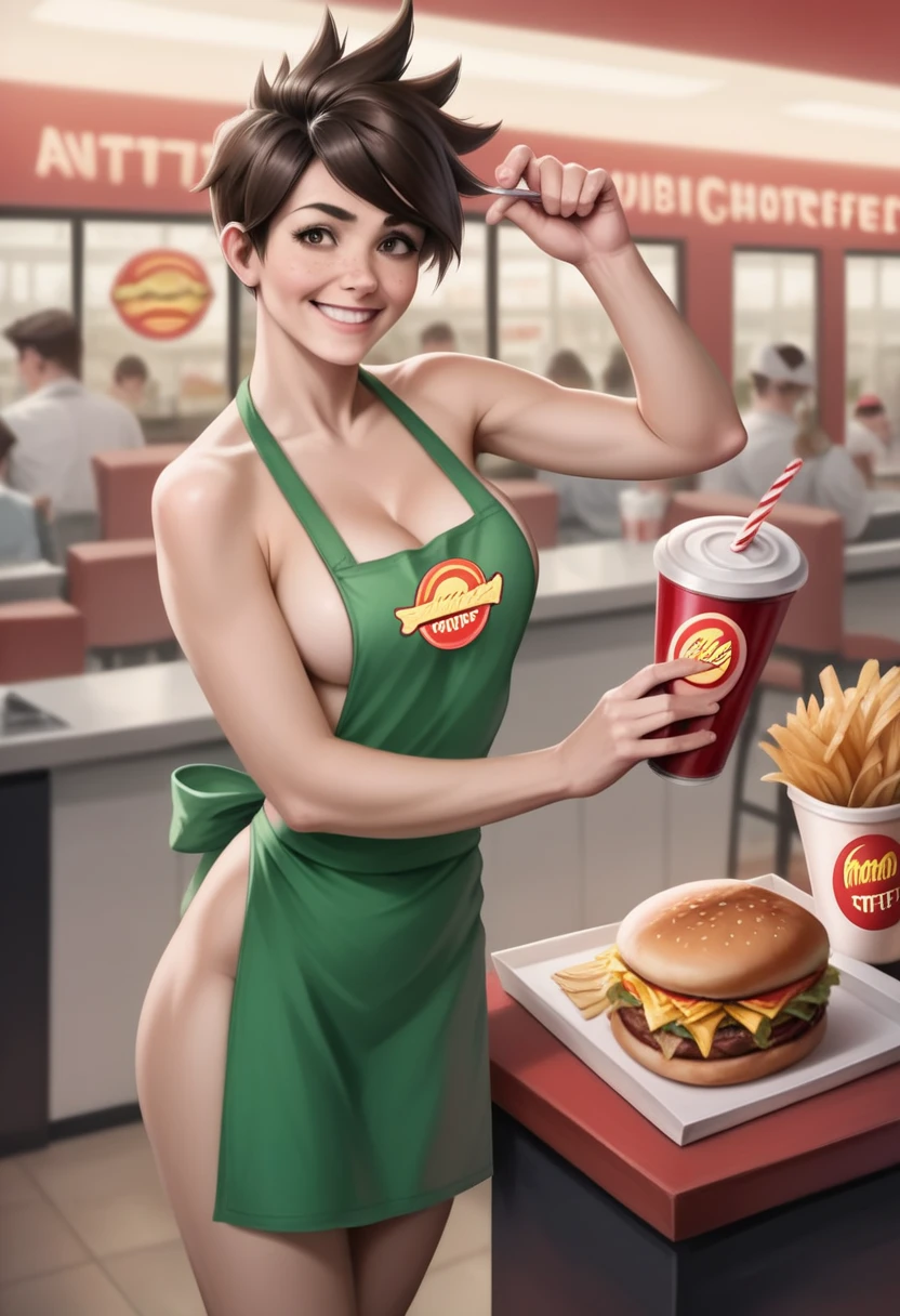 Tracer as a fast food worker, fast food restaurant, fast food counter, sexy fast food apron, sexy fast food uniform, midriff, cleavage, french fries, hamburger, cheeseburger, soda, milkshake, cashier, order taking, cooking, serving, smiling, friendly expression, dynamic pose, bright lighting, warm colors, photorealistic, (best quality,4k,8k,highres,masterpiece:1.2),ultra-detailed,(realistic,photorealistic,photo-realistic:1.37), naked full body,