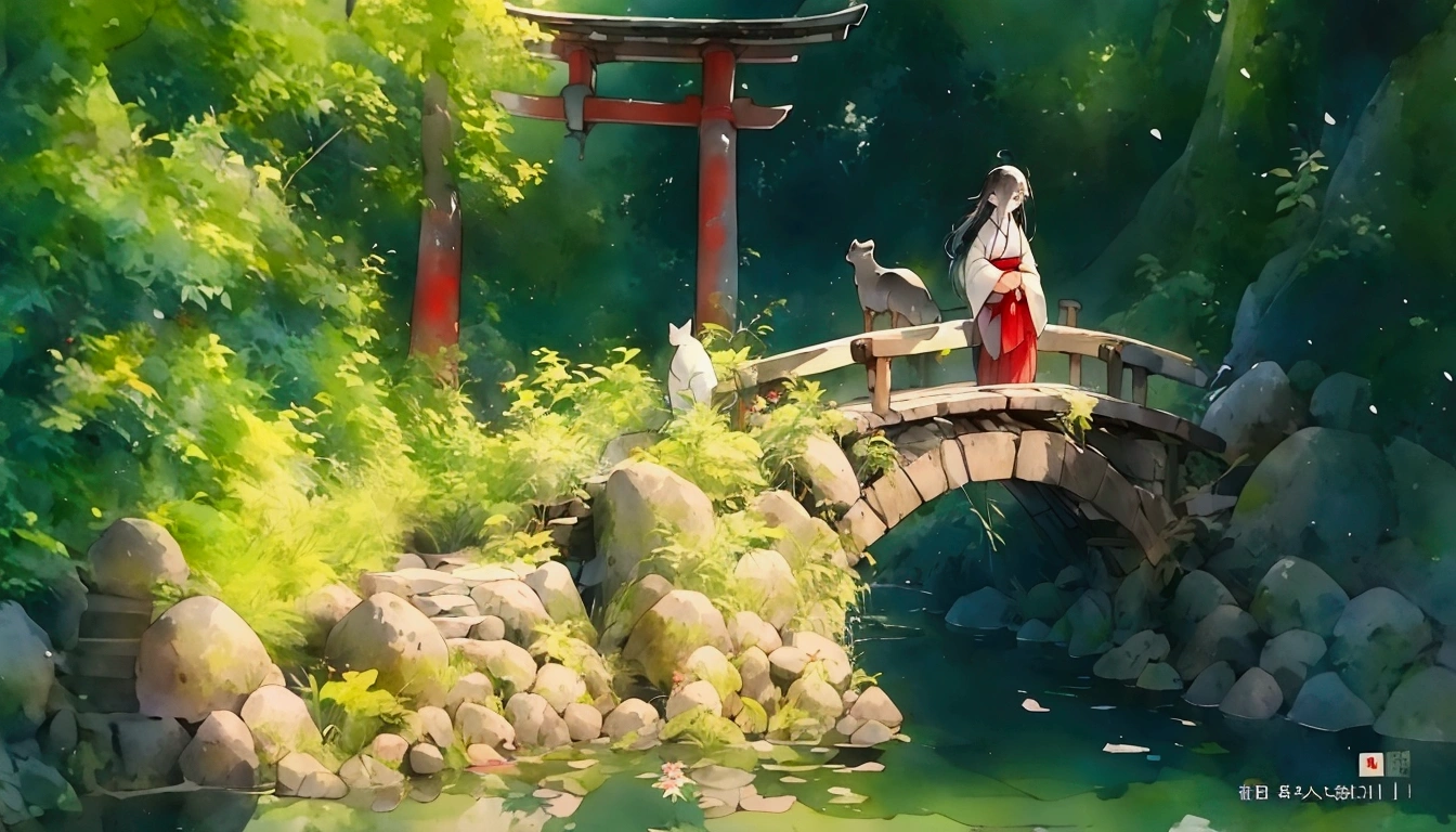 Young girl in traditional dress, Sitting beside the ancient stone bridge，There is a small animal next to it, Peaceful Expression, Shoulder-length straight hair, Traditional Japanese Kimono, White and red, barefoot, Sitting, Staring into the distance, White skin, Soft lighting, Natural background，Lush greenery, serene river, Ancient Torii gate in the distance, Sunlight illuminates the scene, Warm and peaceful atmosphere, Slight front angle, Clear focal length，Capture the subject and surroundings, Balance exposure.