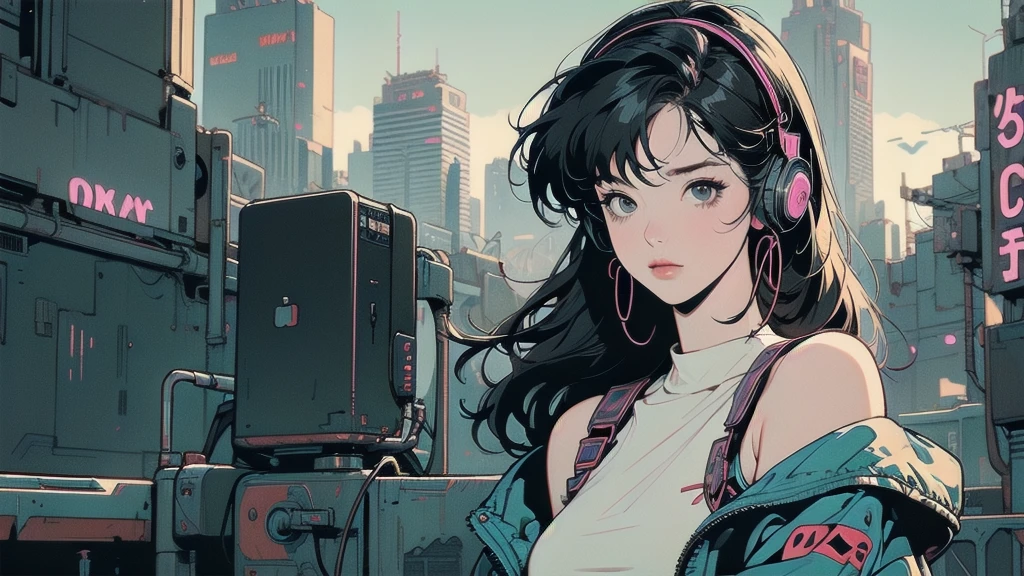 Solo, High Resolution, Headphones, city of cyberpunk background, Breasts, 