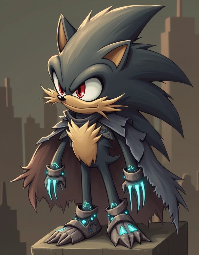 Black hedgehog with a tattered cape, it is a killer, with red eyes, sharp knives all over its body emitting blue light, it looks very technological, standing on the top of the tower, professional photo, best quality, masterpiece