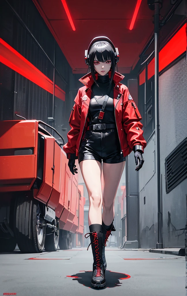 crea un traje al cyberpunk style para una heroina con poderes de sangre, with not so striking colors, red colors, black, and whites, with shorts, a jacket, turtle neck, gloves, Heaters, and boots, with futuristic helmets, Let black be the main color, very futuristic style, cyberpunk style