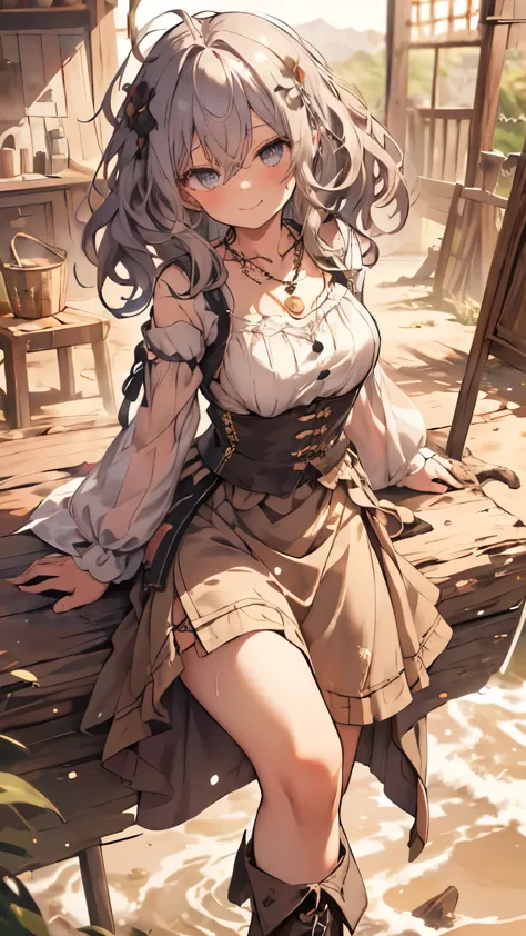 masterpiece, 1 girl, sparrow, a silver haired girl, wearing a medieval villager clothes, curly medium hair, messy hair, slim body, he close her left eye, shirt ornament, ruby eyes, ahoge, baby face, long sleeves, beautiful eyes, boots, droopy eyes, her age is 19, azusa_bluearchive, seductive face, medium hair, seductive smile, curly hair, MongolPunkAI, medium breasts, view from right down, she tease you, lend a hand to you, she very close to you, smug smile, rainbow_one, farmer clothes, long leaf skirt, crocth tattoo, necklace, erotic smile, kitchen