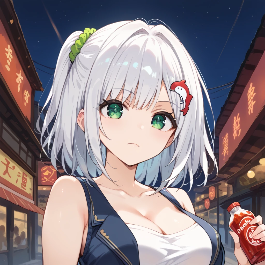 score_9, score_8_superior, score_7_superior, sauce_anime, Iruka Sakimiya, White hair, (Green Eyes, one side superior), Medium Hair, Green scrunchie, hair ornaments, Glowing Skin,