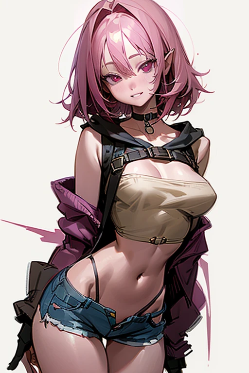 ((sketch)), (watercolor), One girl, short dark pink hair, Messy Hair, Pale pink eyes, Beautiful Eyes, Pointed Ears, Detailed lips, Grin, choker, clavicle, Large Breasts, Wide Hips, Loose cropped hooded sweater, Under the chest, cut jean shorts, Small shorts, Center opening, Thigh Gap, Black fingerless gloves, (White Background), Hip Dip, Thick thighs, Firm breasts