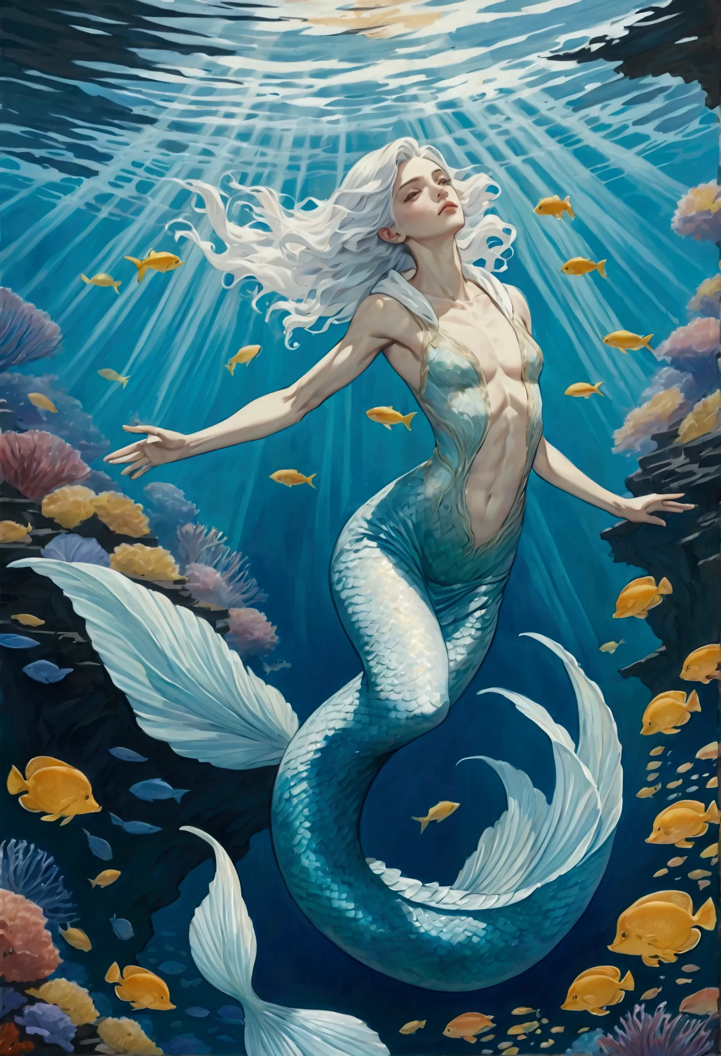 "a breathtakingly beautiful, androgynous male merman floats gracefully before us, his presence both ethereal and captivating. hi...