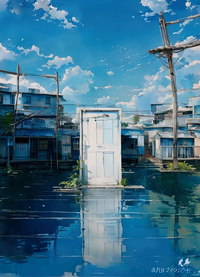 floating in tranquil blue water, a weathered white door stands isolated against a vibrant backdrop, clear sky dotted with fluffy...