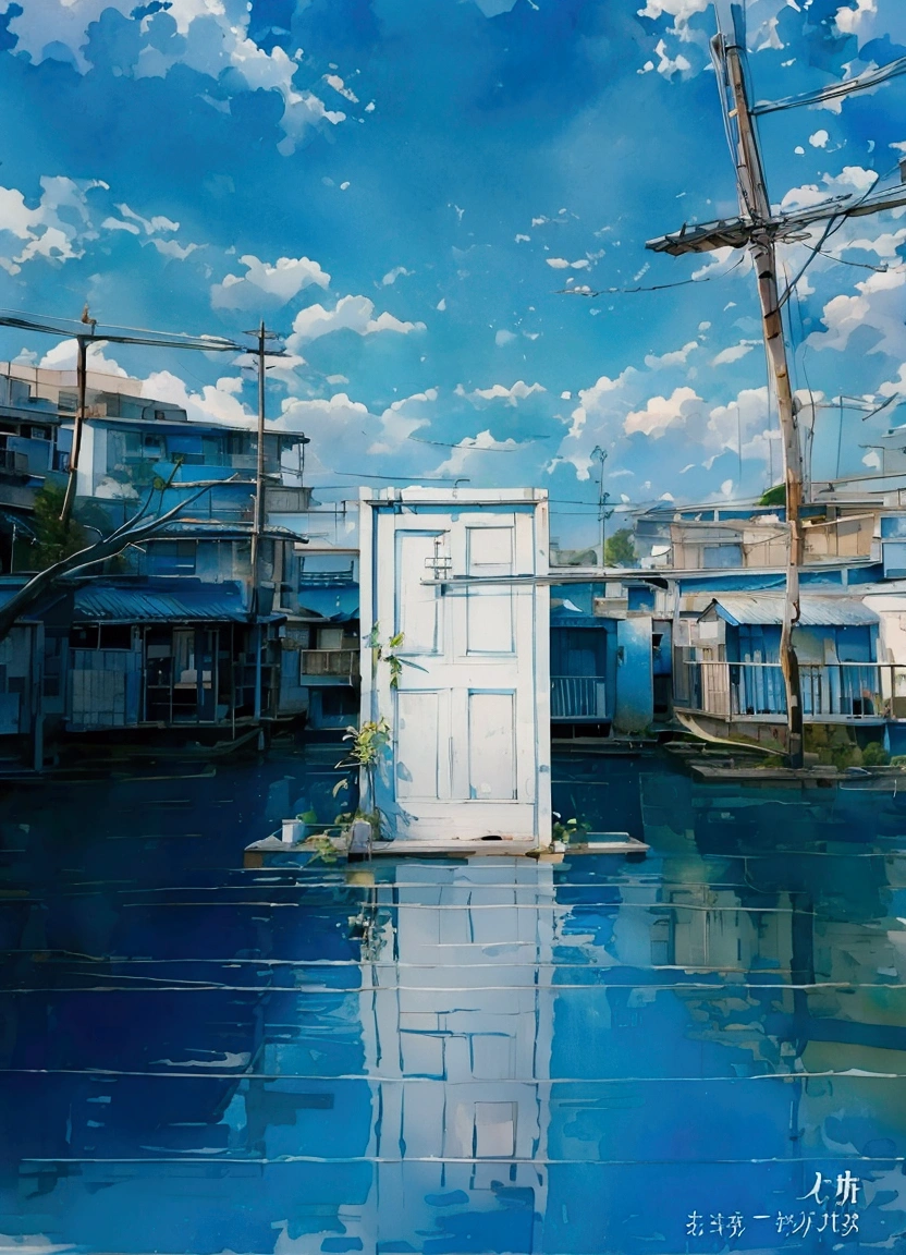 Floating in tranquil blue water, A weathered white door stands isolated against a vibrant backdrop, Clear sky dotted with fluffy clouds. The tranquil scene reflects the shadow of the door and the surrounding urban environment, The buildings and structures almost look abandoned.. Natural light enhances tranquility, Contemplative atmosphere, Creates a surreal fusion of reality and imagination. Reflections and still water capture a moment of tranquility in a world full of activity.