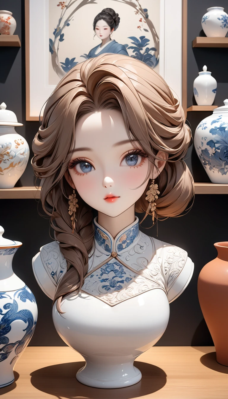 Ceramic female bust, Beautiful female figure, Curvy beauty, Sweet look, Terracotta, Ceramic face, Porcelain Hair, Natural Texture, White porcelain jar, Artworks on display, Fine ceramic art, best quality, best quality, masterpiece:1.2.