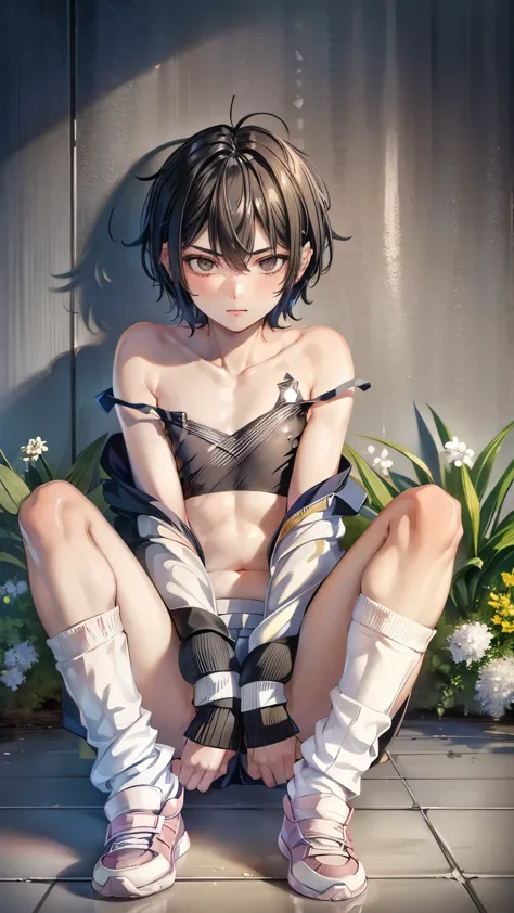 one  boy,fem boy,black short hair,slender body,((flat chest)),((sitting)),((naked left leg)),cheerleader uniform,no sleeve tops, skirt,((loose socks)),((sneakers)).