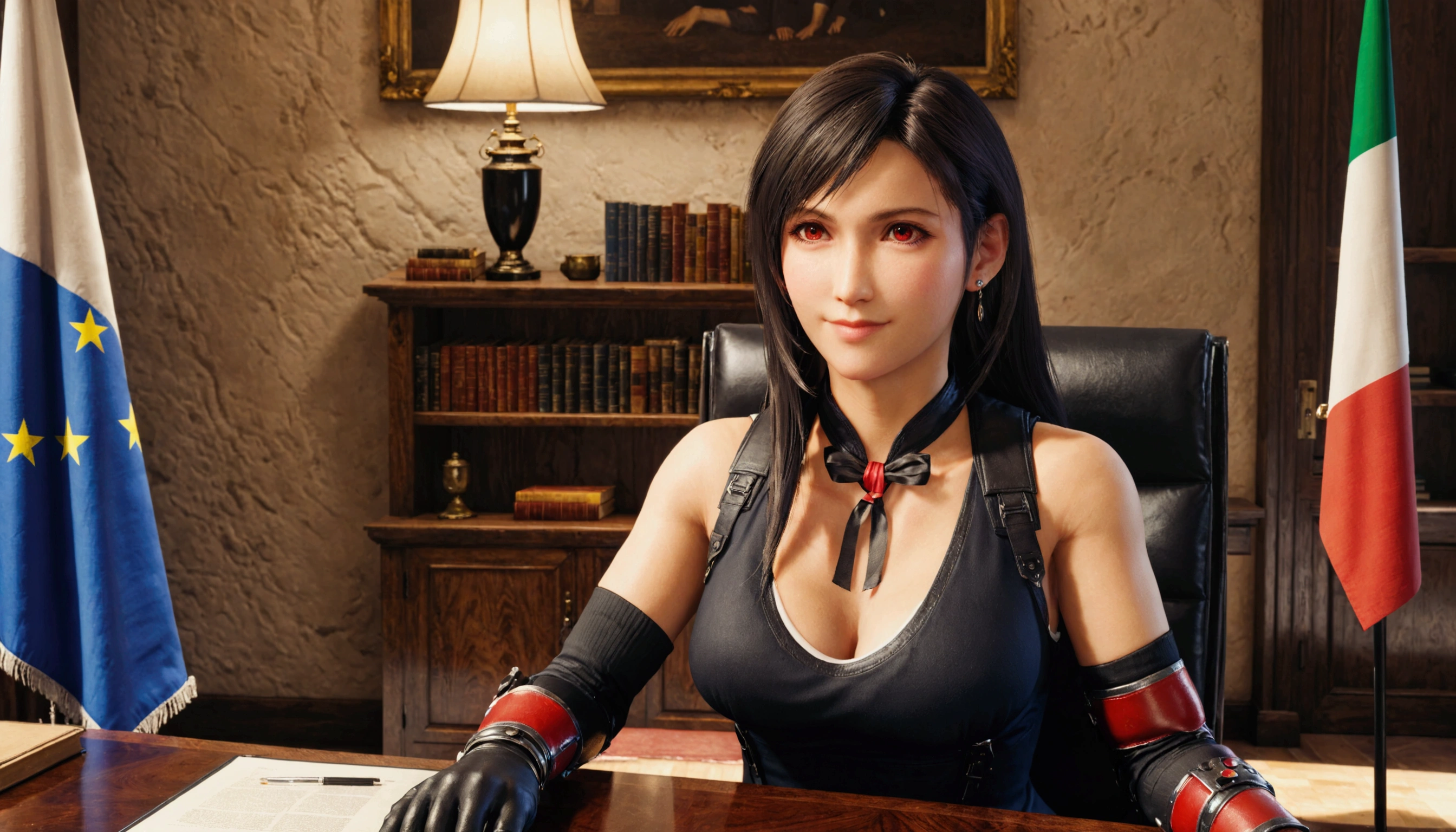 8k,wallpaper of extremely detailed CG unit, ​masterpiece,hight resolution,top-quality,top-quality real texture skin,hyper realisitic,increase the resolution,RAW photos,best qualtiy,highly detailed,the wallpaper,cinematic lighting,ray trace,golden ratio, BREAK ,1girl\(TIFA LOCKHART\(FINAL FANTASY VII REMAKE\),wearing well-tailored expensive tailor-made suit,red eyes, black hair, low-tied long hair, earrings,arm warmers, black elbow gloves, elbow pads, red gloves, big breast,smiling peacefully to the viewer, beautiful, elegance\), the EU flag and (Italy flag:1.3), seated at a heavy table and chair in the (Italian president's office),a magnificent bookshelfs with many big hardcover books behind,3D