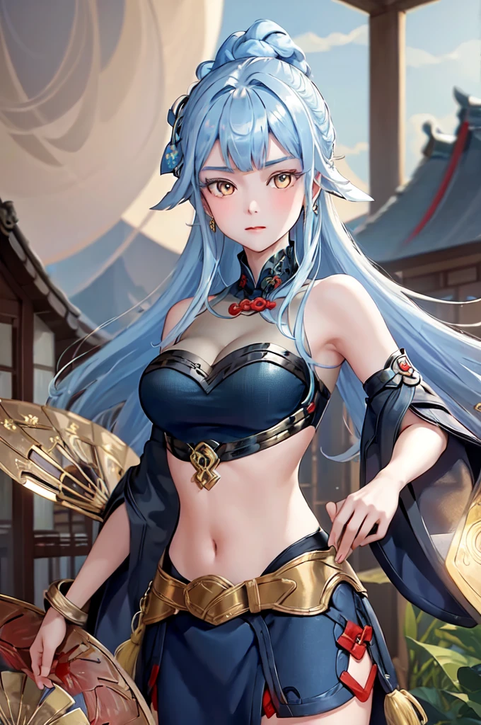 ((big breasts)), 1girl, solo, long hair, looking at viewer, hair ornament, dress, holding, bare shoulders, closed mouth, blue hair, yellow eyes, braid, artist name, covered navel, blue dress, chinese clothes, china dress, hand fan, folding fan, light blue hair, holding fan, Jordyn Huitema, (masterpiece,best quality:1.5), (masterpiece,best quality:1.5), Hold the fan with the right hand, the left hand does not hold the fan, Chinese imperial palace, feudal China, wooden castle, lake, (lantern), sparkling, (masterpiece,best quality:1.5), (masterpiece,best quality:1.5)