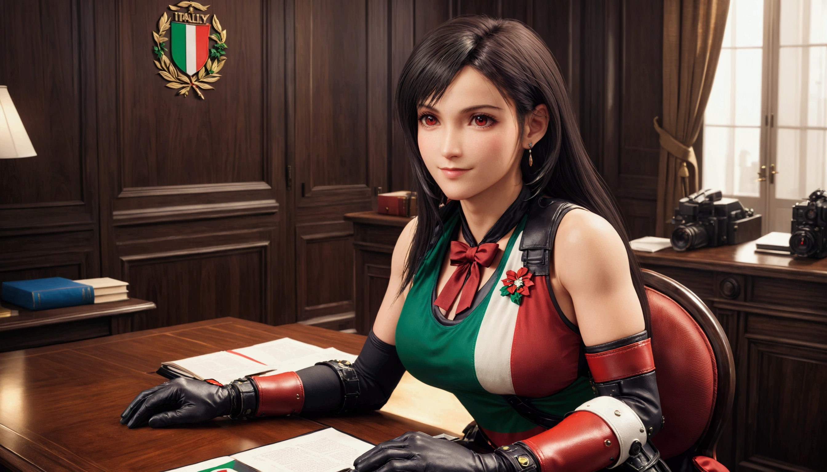 
8k,wallpaper of extremely detailed CG unit, ​masterpiece,hight resolution,top-quality,top-quality real texture skin,hyper realisitic,increase the resolution,RAW photos,best qualtiy,highly detailed,the wallpaper,cinematic lighting,ray trace,golden ratio, BREAK ,1girl\(TIFA LOCKHART\(FINAL FANTASY VII REMAKE\),wearing well-tailored expensive tailor-made suit,red eyes, black hair, low-tied long hair, earrings,arm warmers, black elbow gloves, elbow pads, red gloves, big breast,smiling peacefully to the viewer, beautiful, elegance\), the EU flag and (Italy flag:1.3), seated at a heavy table and chair in the (Italian president's office),a magnificent bookshelfs with many big hardcover books behind,3D